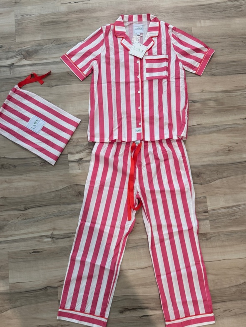 Lavish Pink & White Vertical Stripe Women’s Pajama Set with Storage Pouch. NWT